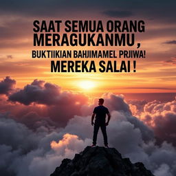 A powerful motivational poster featuring the phrase "Saat Semua Orang Meragukanmu, Buktikan Bahwa Mereka Salah!" (When Everyone Doubts You, Prove Them Wrong!) in a dynamic and bold font