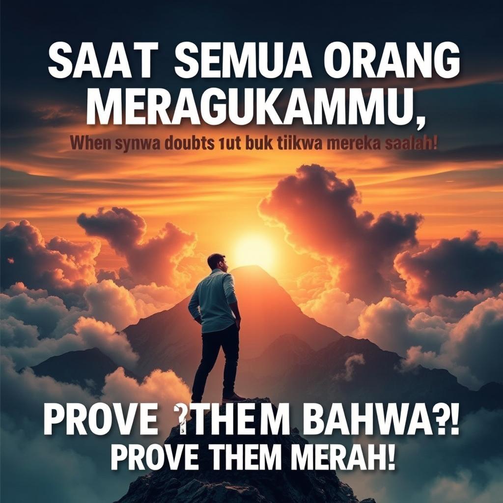 A powerful motivational poster featuring the phrase "Saat Semua Orang Meragukanmu, Buktikan Bahwa Mereka Salah!" (When Everyone Doubts You, Prove Them Wrong!) in a dynamic and bold font