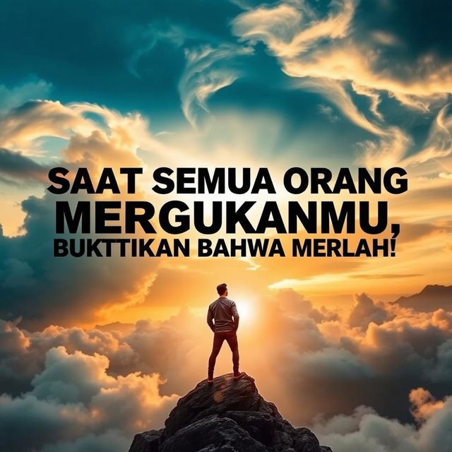 A powerful motivational poster featuring the phrase "Saat Semua Orang Meragukanmu, Buktikan Bahwa Mereka Salah!" (When Everyone Doubts You, Prove Them Wrong!) in a dynamic and bold font