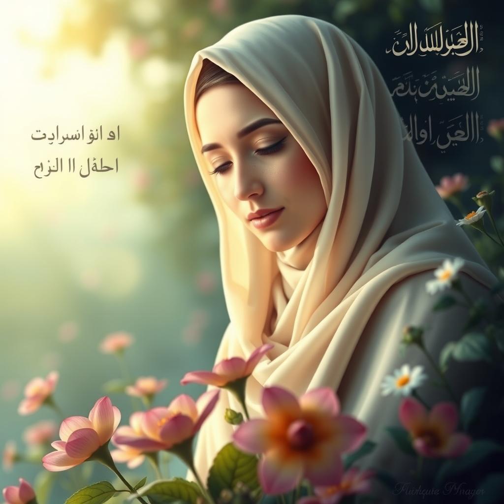 A serene and respectful artistic representation of Fatimah Al-Zahra, daughter of the Prophet Muhammad in Islamic art style