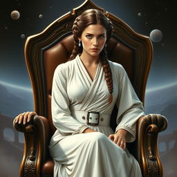 A detailed portrait of Princess Leia from Star Wars sitting confidently on an elegant throne chair