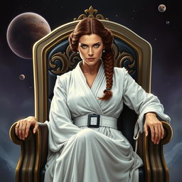 A detailed portrait of Princess Leia from Star Wars sitting confidently on an elegant throne chair