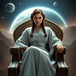 A detailed portrait of Princess Leia from Star Wars sitting confidently on an elegant throne chair