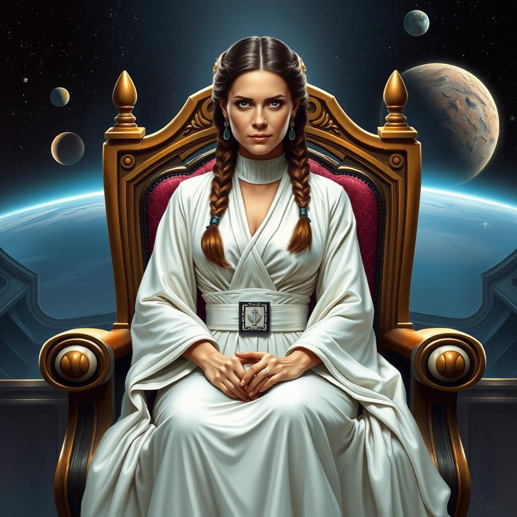 A detailed portrait of Princess Leia from Star Wars sitting confidently on an elegant throne chair