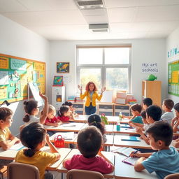 An inspiring school poster showcasing a vibrant classroom scene filled with diverse students engaged in various activities