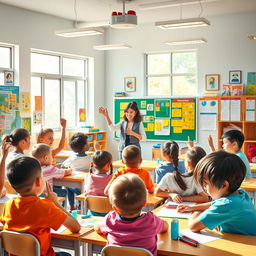 An inspiring school poster showcasing a vibrant classroom scene filled with diverse students engaged in various activities