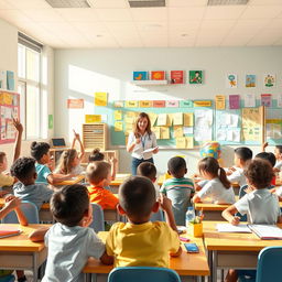 An inspiring school poster showcasing a vibrant classroom scene filled with diverse students engaged in various activities