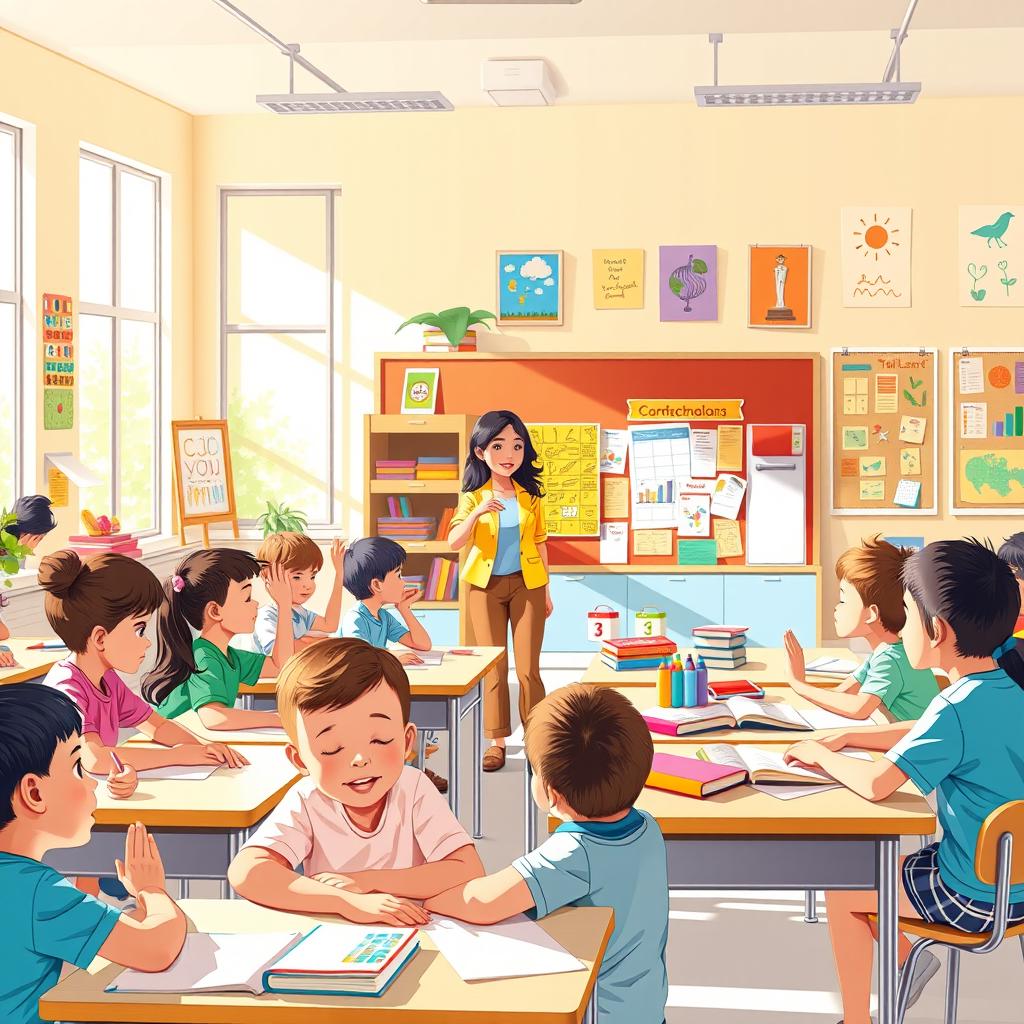 An inspiring school poster showcasing a vibrant classroom scene filled with diverse students engaged in various activities