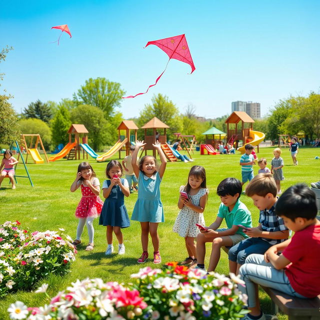 A vibrant kindergarten scene set in a lush green park filled with various playground equipment, including slides, swings, and climbing frames