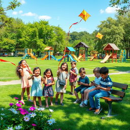 A vibrant kindergarten scene set in a lush green park filled with various playground equipment, including slides, swings, and climbing frames