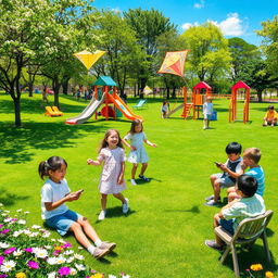 A vibrant kindergarten scene set in a lush green park filled with various playground equipment, including slides, swings, and climbing frames