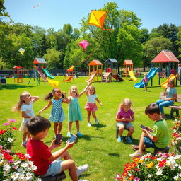 A vibrant kindergarten scene set in a lush green park filled with various playground equipment, including slides, swings, and climbing frames
