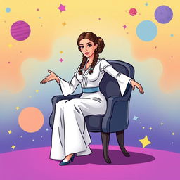 An illustration of Princess Leia from Star Wars, sitting on a chair in a vibrant cartoon style
