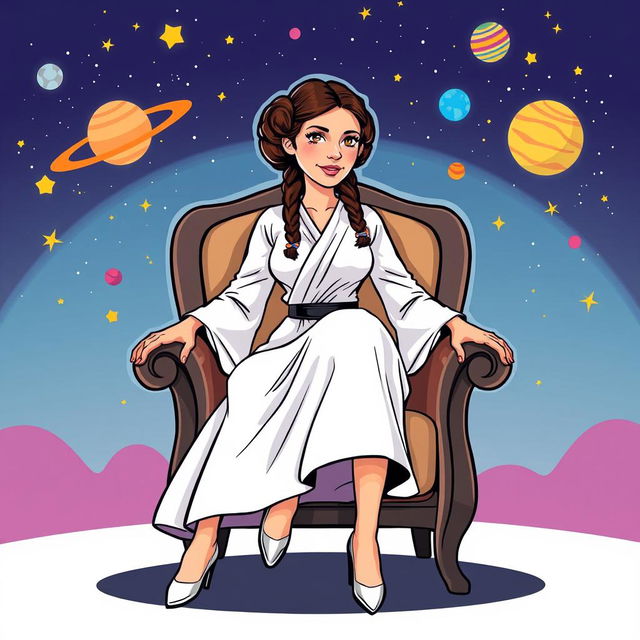 An illustration of Princess Leia from Star Wars, sitting on a chair in a vibrant cartoon style