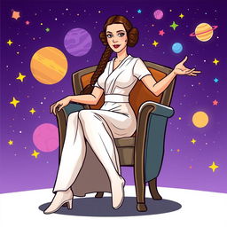 An illustration of Princess Leia from Star Wars, sitting on a chair in a vibrant cartoon style