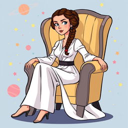 An illustration of Princess Leia from Star Wars, sitting on a chair in a vibrant cartoon style