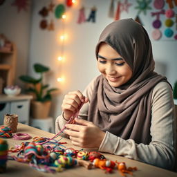 A young woman wearing a hijab, sitting at a cozy table, carefully weaving colorful friendship bracelets with various vibrant threads