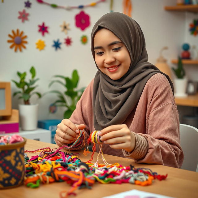 A young woman wearing a hijab, sitting at a cozy table, carefully weaving colorful friendship bracelets with various vibrant threads