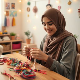 A young woman wearing a hijab, sitting at a cozy table, carefully weaving colorful friendship bracelets with various vibrant threads