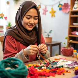 A young woman wearing a hijab, sitting at a cozy table, carefully weaving colorful friendship bracelets with various vibrant threads