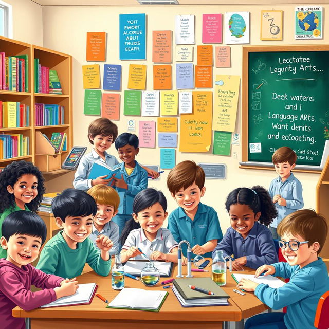 A vibrant school poster, featuring a diverse group of students engaged in various educational activities such as reading, science experiments, and art projects