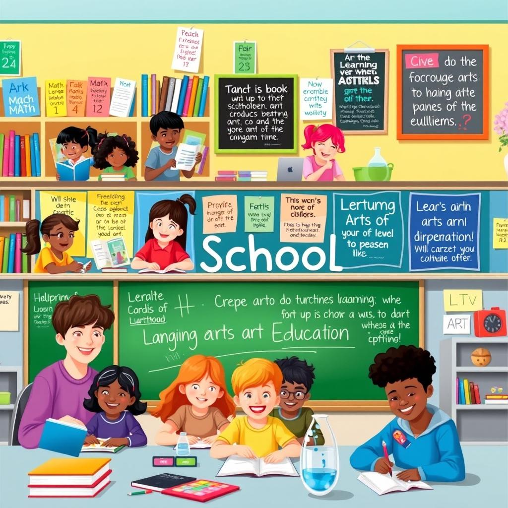 A vibrant school poster, featuring a diverse group of students engaged in various educational activities such as reading, science experiments, and art projects