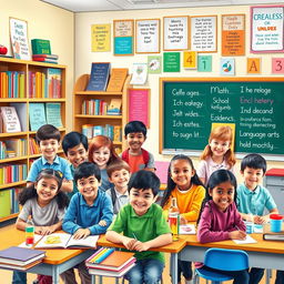 A vibrant school poster, featuring a diverse group of students engaged in various educational activities such as reading, science experiments, and art projects