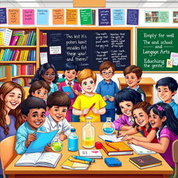 A vibrant school poster, featuring a diverse group of students engaged in various educational activities such as reading, science experiments, and art projects