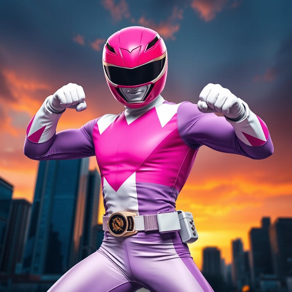 A dynamic action scene featuring a powerful character in a bold pose, wearing a bright pink Power Ranger helmet, representing strength and determination