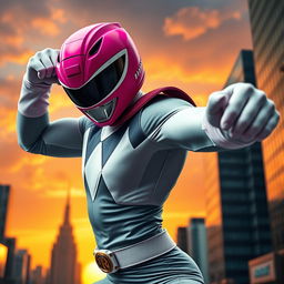 A dynamic action scene featuring a powerful character in a bold pose, wearing a bright pink Power Ranger helmet, representing strength and determination