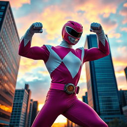 A dynamic action scene featuring a powerful character in a bold pose, wearing a bright pink Power Ranger helmet, representing strength and determination