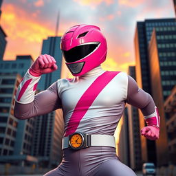 A dynamic action scene featuring a powerful character in a bold pose, wearing a bright pink Power Ranger helmet, representing strength and determination