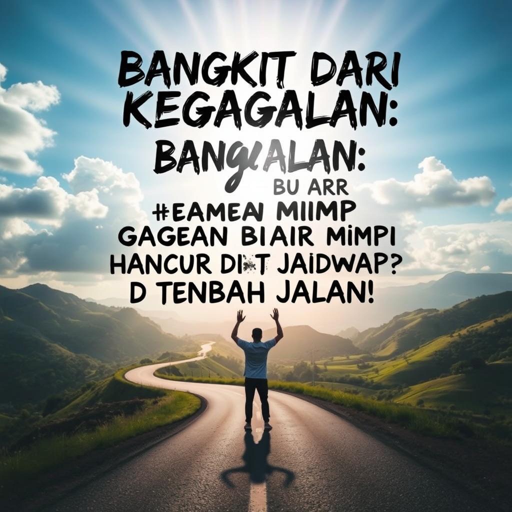 An inspiring motivational poster featuring the phrase "Bangkit dari Kegagalan: Jangan Biarkan Mimpi Hancur di Tengah Jalan!" (Rise from Failure: Don't Let Your Dreams Shatter Midway!) in dynamic, bold lettering