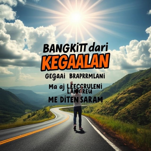 An inspiring motivational poster featuring the phrase "Bangkit dari Kegagalan: Jangan Biarkan Mimpi Hancur di Tengah Jalan!" (Rise from Failure: Don't Let Your Dreams Shatter Midway!) in dynamic, bold lettering