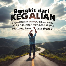 An inspiring motivational poster featuring the phrase "Bangkit dari Kegagalan: Jangan Biarkan Mimpi Hancur di Tengah Jalan!" (Rise from Failure: Don't Let Your Dreams Shatter Midway!) in dynamic, bold lettering