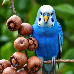 A vibrant male blue budgie perched on a branch, featuring stunning black eyes and a striking white head