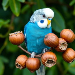 A vibrant male blue budgie perched on a branch, featuring stunning black eyes and a striking white head