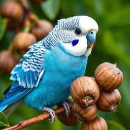 A vibrant male blue budgie perched on a branch, featuring stunning black eyes and a striking white head