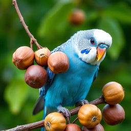 A vibrant male blue budgie perched on a branch, featuring stunning black eyes and a striking white head