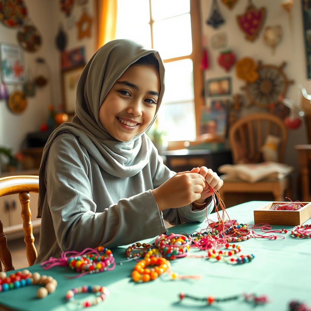 A beautiful hijab-wearing girl meticulously crafting colorful friendship bracelets