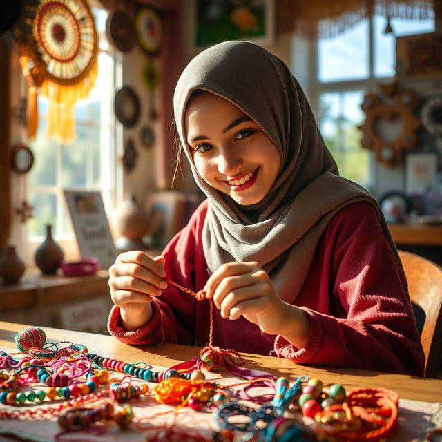 A beautiful hijab-wearing girl meticulously crafting colorful friendship bracelets