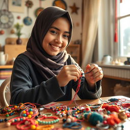 A beautiful hijab-wearing girl meticulously crafting colorful friendship bracelets