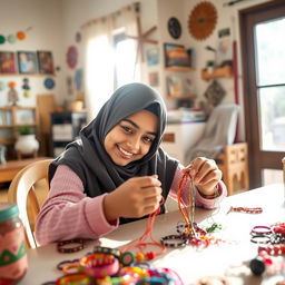 A beautiful hijab-wearing girl meticulously crafting colorful friendship bracelets