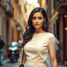 A 39-year-old woman with dark hair and Italian features, fully dressed in stylish and sophisticated clothing