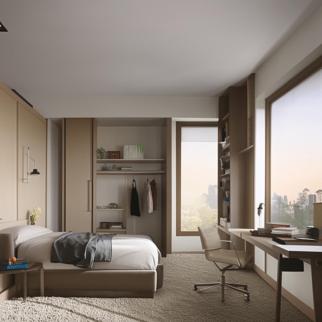 Design a 13-feet long, 10-feet wide room with two large windows on adjacent walls. The room includes a king-size bed, a study table, a wardrobe, bookshelves, and plenty of walking space.