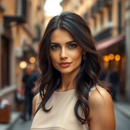 A 39-year-old woman with dark hair and Italian features, fully dressed in stylish and sophisticated clothing