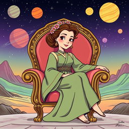 An illustration of Padmé Amidala from Star Wars, sitting gracefully on an ornate chair in a colorful cartoon style