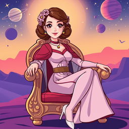 An illustration of Padmé Amidala from Star Wars, sitting gracefully on an ornate chair in a colorful cartoon style