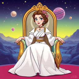 An illustration of Padmé Amidala from Star Wars, sitting gracefully on an ornate chair in a colorful cartoon style