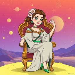 An illustration of Padmé Amidala from Star Wars, sitting gracefully on an ornate chair in a colorful cartoon style